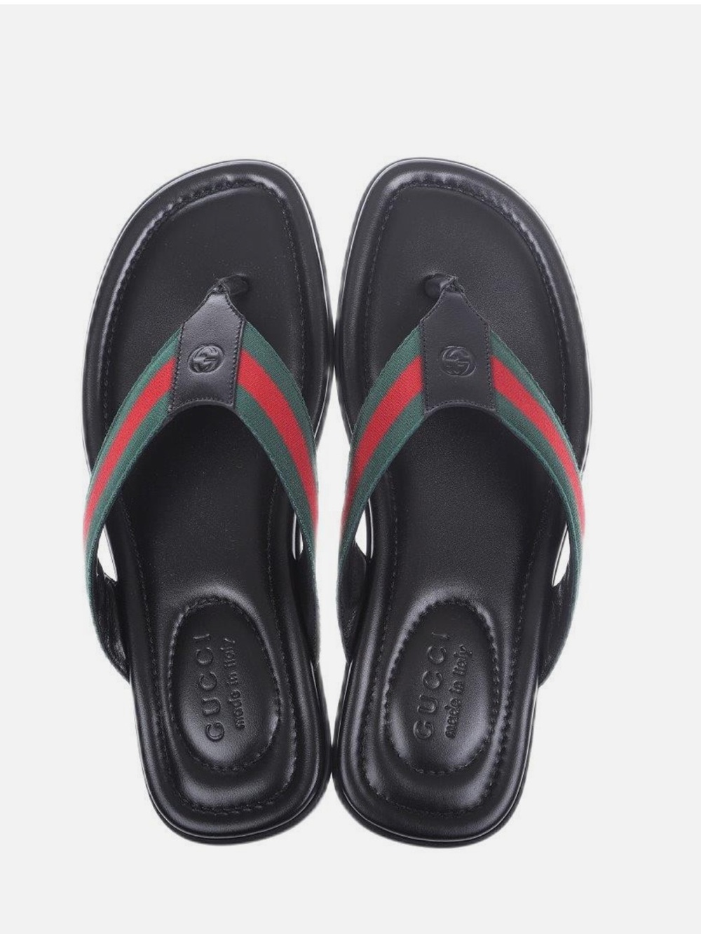Gucci Men's Black Leather Thong Sandals with Signature Web Stripe Men Size 10 - Picture 2 of 8